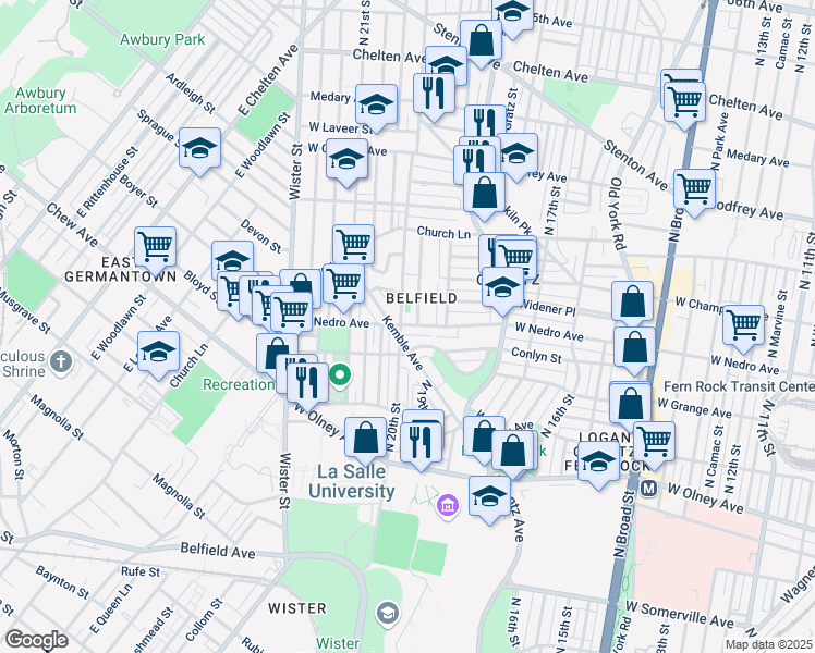 map of restaurants, bars, coffee shops, grocery stores, and more near 5919 North Opal Street in Philadelphia