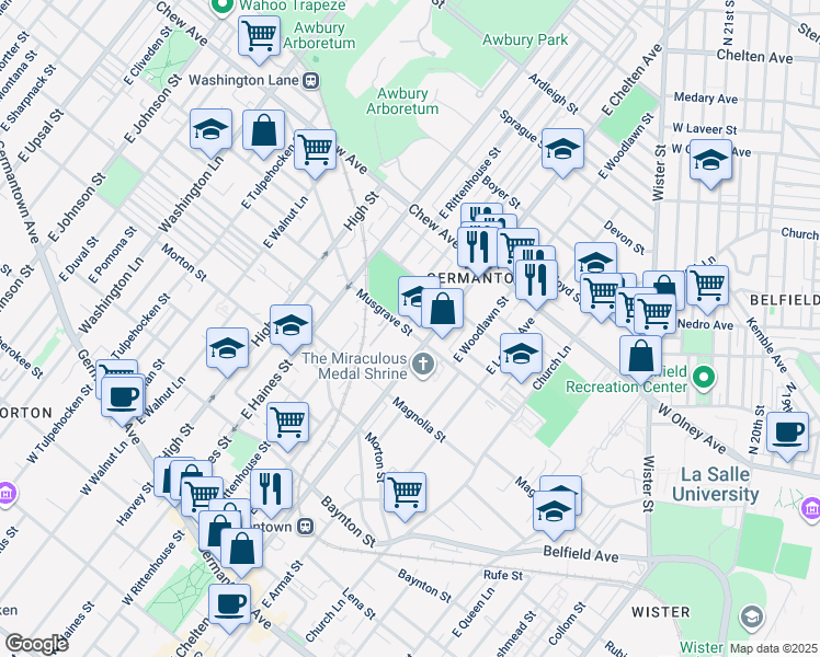 map of restaurants, bars, coffee shops, grocery stores, and more near 600 East Stafford Street in Philadelphia