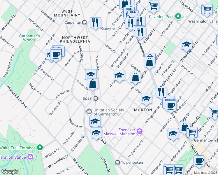 map of restaurants, bars, coffee shops, grocery stores, and more near 234 West Upsal Street in Philadelphia