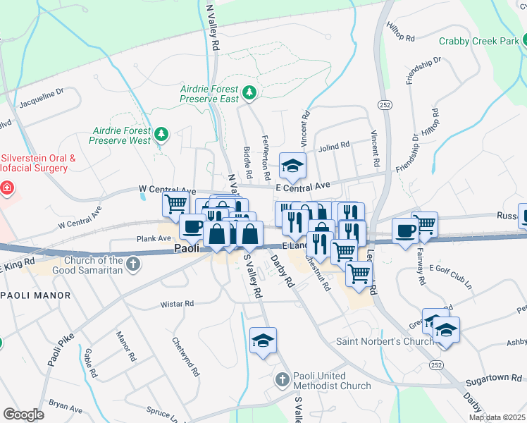 map of restaurants, bars, coffee shops, grocery stores, and more near 1 Station Square in Paoli