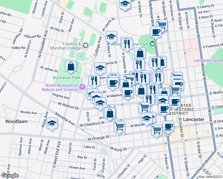map of restaurants, bars, coffee shops, grocery stores, and more near 419 North Mary Street in Lancaster