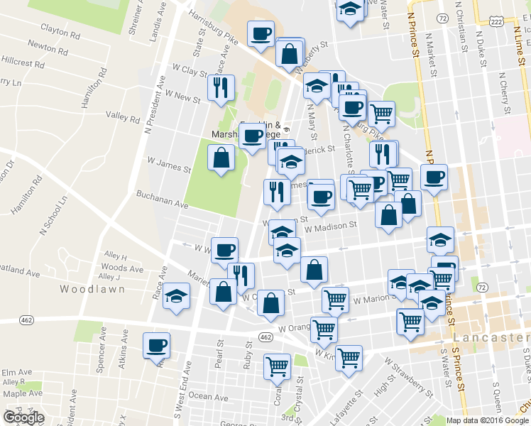 map of restaurants, bars, coffee shops, grocery stores, and more near 434 Nevin Street in Lancaster
