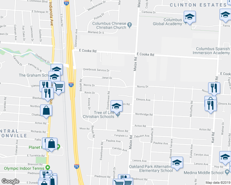 map of restaurants, bars, coffee shops, grocery stores, and more near 981 Norris Drive in Columbus