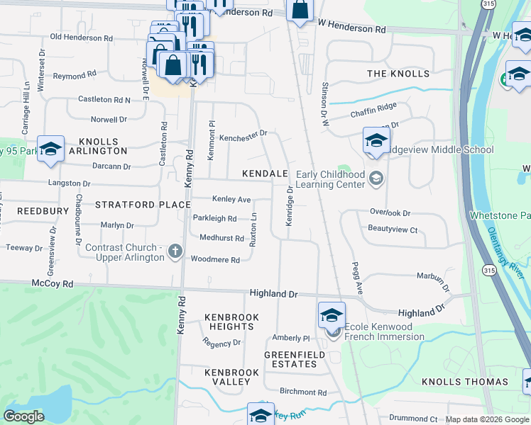 map of restaurants, bars, coffee shops, grocery stores, and more near 977 Kenley Avenue in Columbus