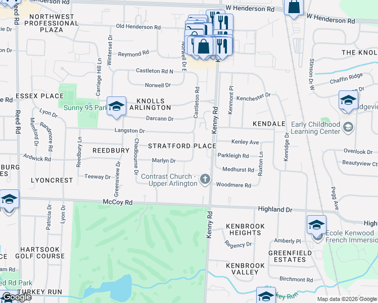 map of restaurants, bars, coffee shops, grocery stores, and more near 1210 Carron Drive in Columbus