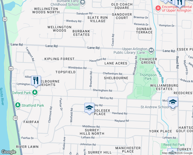 map of restaurants, bars, coffee shops, grocery stores, and more near 2295 Cheltenham Road in Columbus