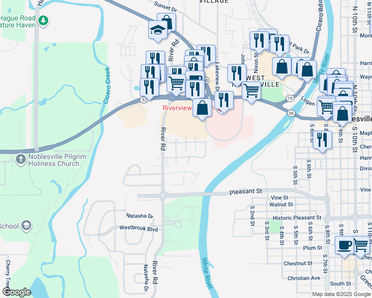 map of restaurants, bars, coffee shops, grocery stores, and more near 805 Watermead Drive North in Noblesville