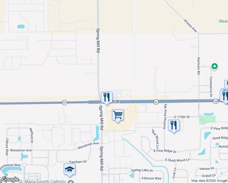 map of restaurants, bars, coffee shops, grocery stores, and more near 17145 Spring Mill Road in Westfield