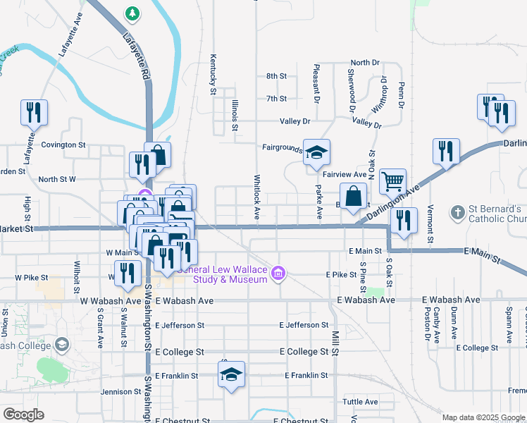 map of restaurants, bars, coffee shops, grocery stores, and more near 412 Binford Street in Crawfordsville
