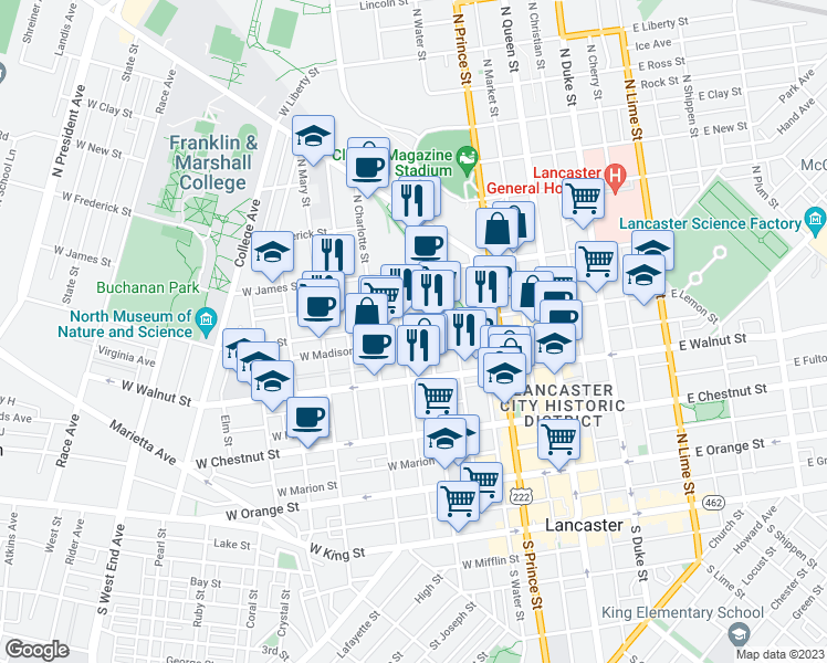 map of restaurants, bars, coffee shops, grocery stores, and more near 314 West Lemon Street in Lancaster