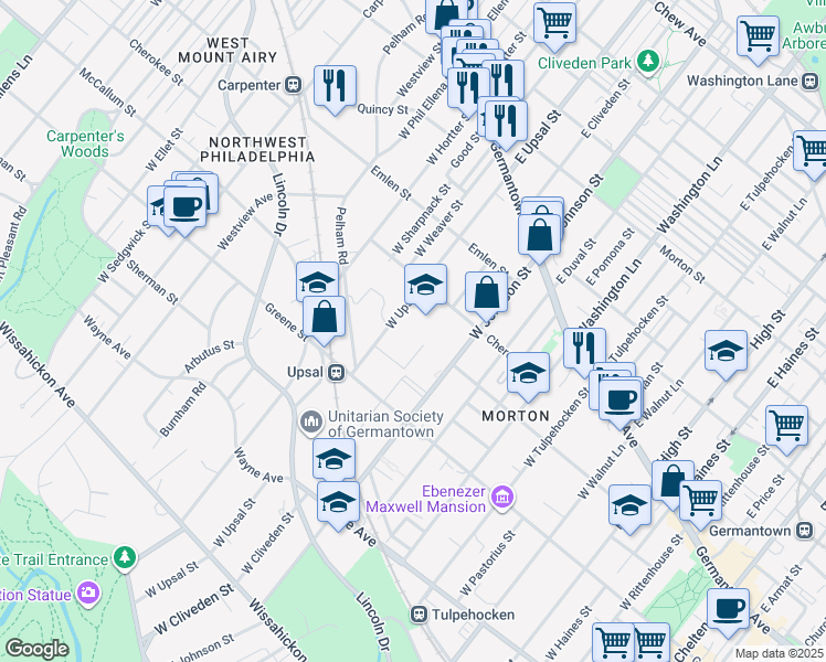 map of restaurants, bars, coffee shops, grocery stores, and more near 234 West Upsal Street in Philadelphia