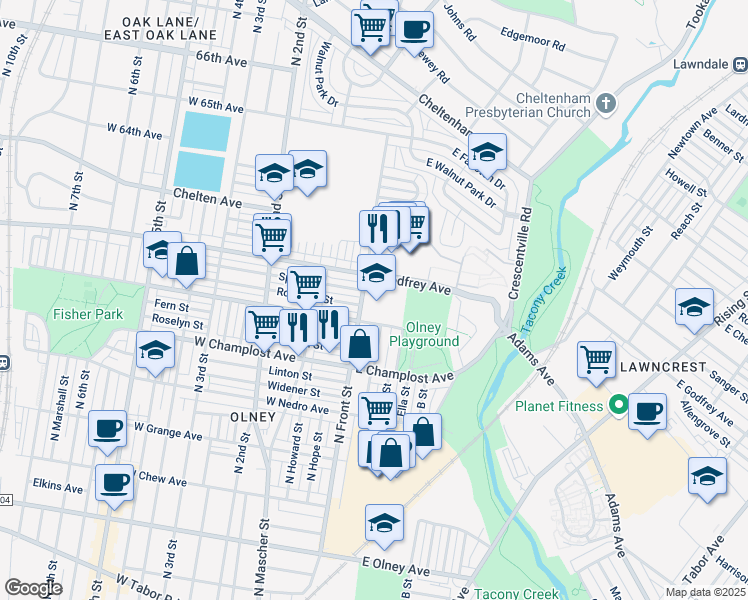 map of restaurants, bars, coffee shops, grocery stores, and more near 6101 North Front Street in Philadelphia