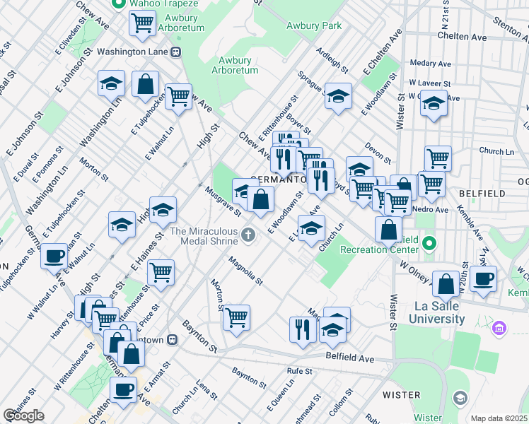 map of restaurants, bars, coffee shops, grocery stores, and more near 627 East Chelten Avenue in Philadelphia