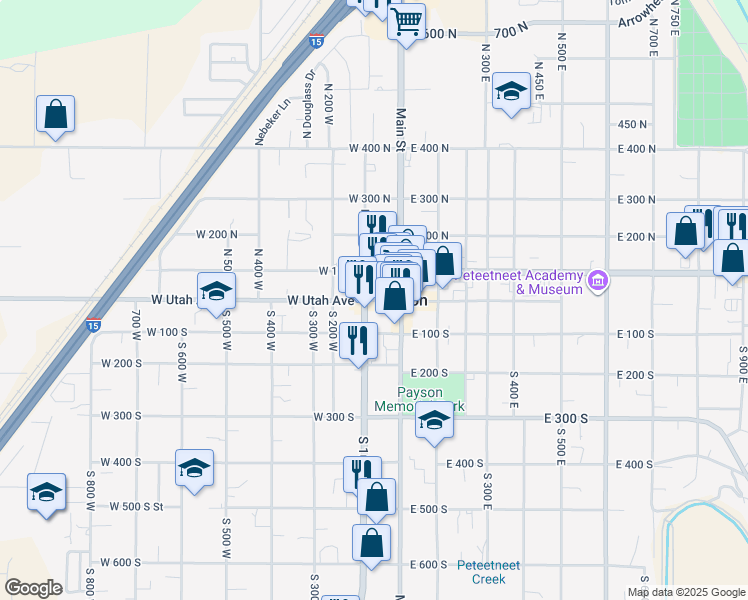 map of restaurants, bars, coffee shops, grocery stores, and more near 86 West Utah Avenue in Payson