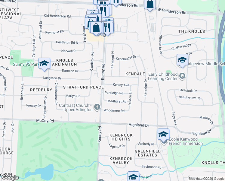 map of restaurants, bars, coffee shops, grocery stores, and more near 1095 Kenley Avenue in Columbus