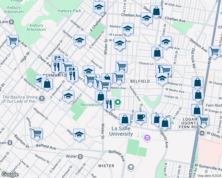 map of restaurants, bars, coffee shops, grocery stores, and more near 2142 West Nedro Avenue in Philadelphia