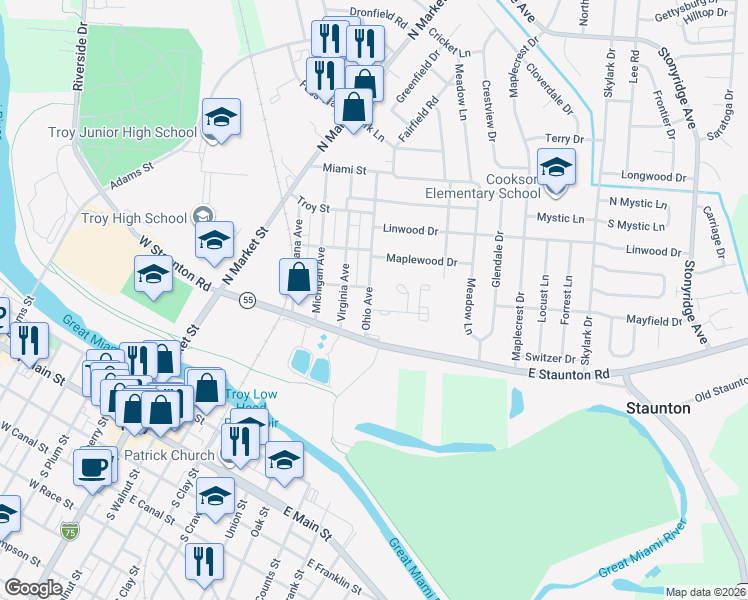 map of restaurants, bars, coffee shops, grocery stores, and more near 422 Ohio Avenue in Troy