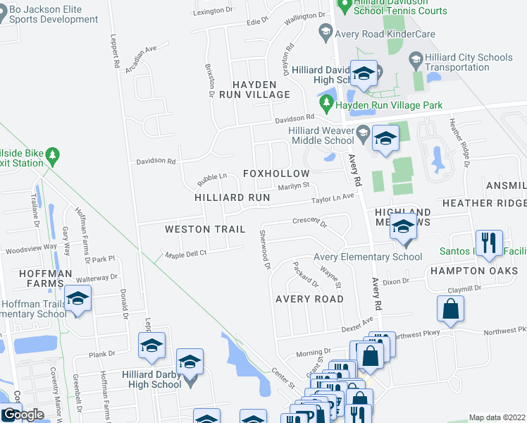 map of restaurants, bars, coffee shops, grocery stores, and more near 5417 Taylor Lane Avenue in Hilliard
