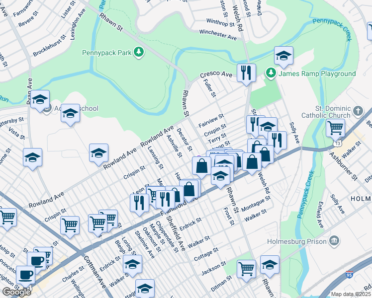 map of restaurants, bars, coffee shops, grocery stores, and more near 3406 Decatur Street in Philadelphia