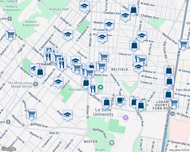 map of restaurants, bars, coffee shops, grocery stores, and more near 2140 West Nedro Avenue in Philadelphia