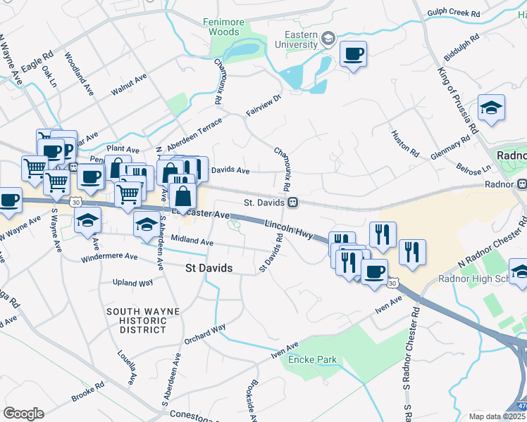 map of restaurants, bars, coffee shops, grocery stores, and more near 427 East Lancaster Avenue in Saint Davids