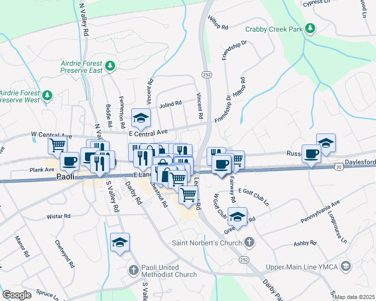 map of restaurants, bars, coffee shops, grocery stores, and more near 502 Paoli Pointe Drive in Paoli