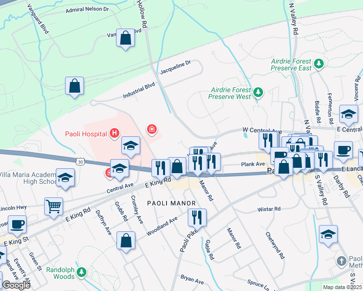map of restaurants, bars, coffee shops, grocery stores, and more near 31 Treyburn Drive in Paoli
