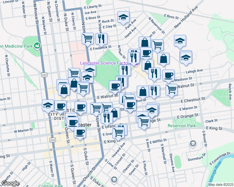 map of restaurants, bars, coffee shops, grocery stores, and more near 329 East Walnut Street in Lancaster