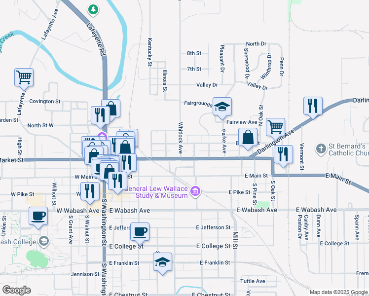 map of restaurants, bars, coffee shops, grocery stores, and more near 412 Binford Street in Crawfordsville