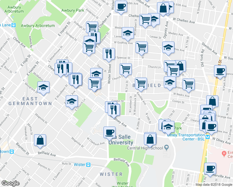 map of restaurants, bars, coffee shops, grocery stores, and more near 2140 West Nedro Avenue in Philadelphia