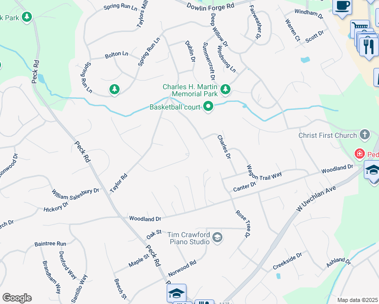 map of restaurants, bars, coffee shops, grocery stores, and more near 323 Horseshoe Lane in Downingtown