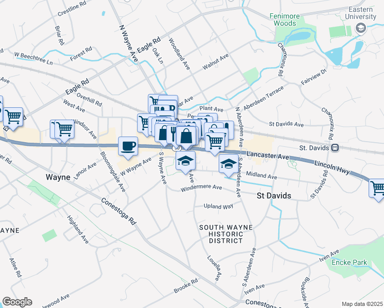 map of restaurants, bars, coffee shops, grocery stores, and more near 150 Louella Avenue in Wayne