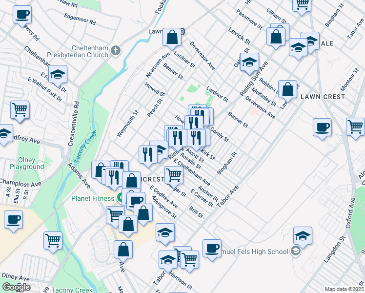 map of restaurants, bars, coffee shops, grocery stores, and more near Alcott Street in Philadelphia