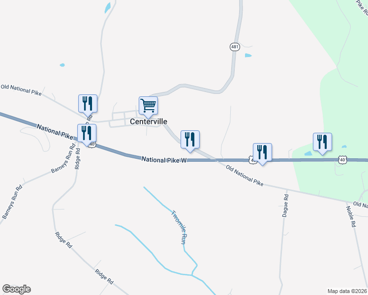 map of restaurants, bars, coffee shops, grocery stores, and more near 831 Old National Pike in Fredericktown