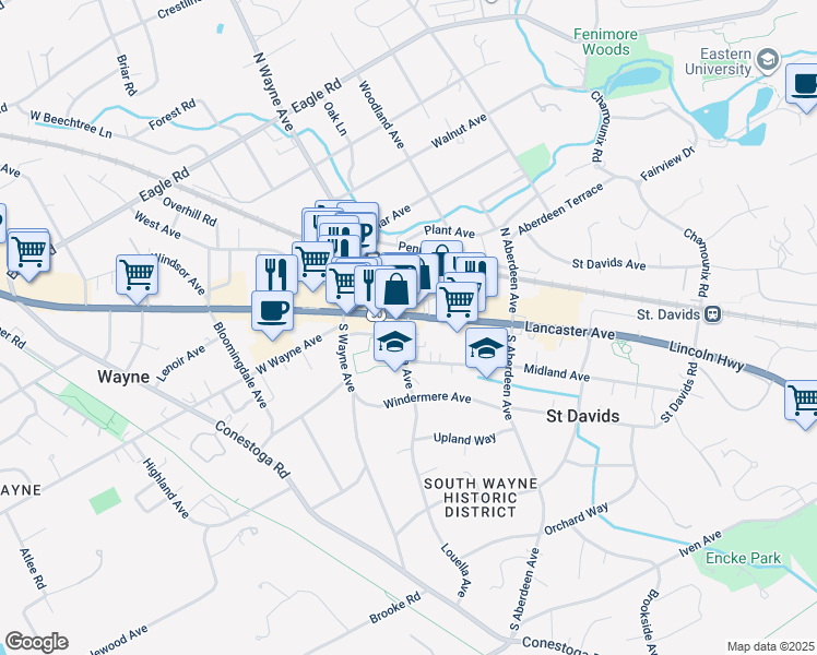 map of restaurants, bars, coffee shops, grocery stores, and more near 150 Louella Avenue in Radnor