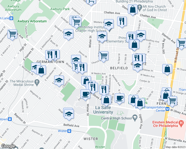 map of restaurants, bars, coffee shops, grocery stores, and more near 2154 West Nedro Avenue in Philadelphia