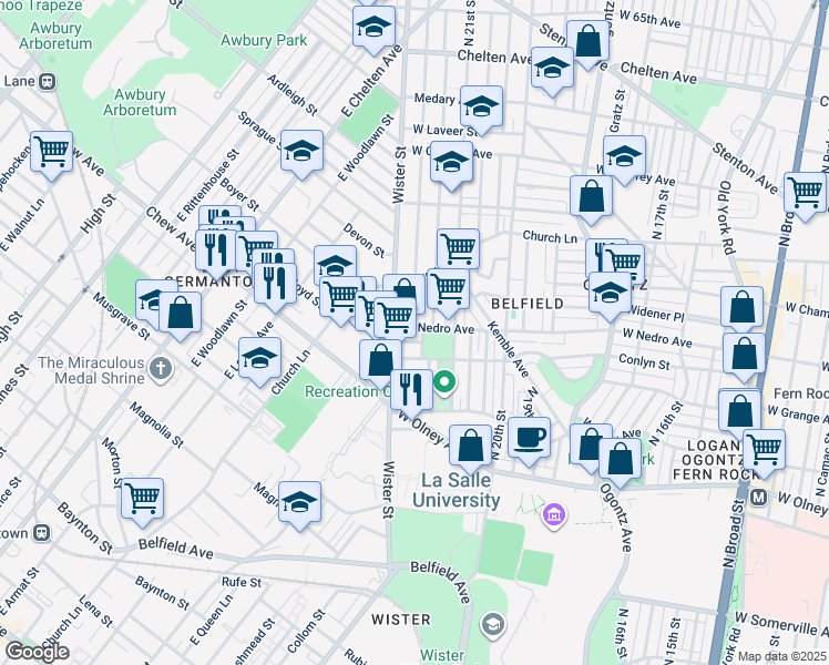 map of restaurants, bars, coffee shops, grocery stores, and more near 2148 West Nedro Avenue in Philadelphia