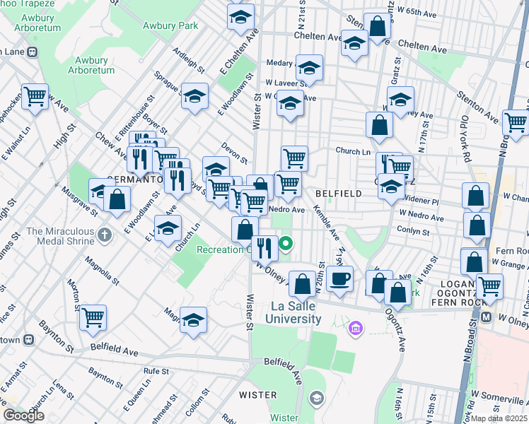 map of restaurants, bars, coffee shops, grocery stores, and more near 2154 West Nedro Avenue in Philadelphia