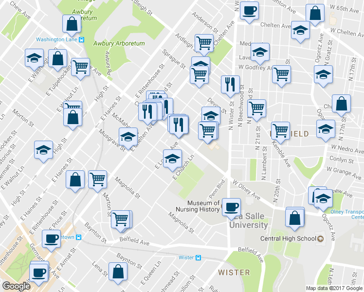map of restaurants, bars, coffee shops, grocery stores, and more near 5543 Crowson Street in Philadelphia
