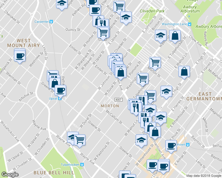 map of restaurants, bars, coffee shops, grocery stores, and more near 54 West Duval Street in Philadelphia