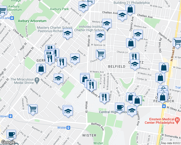 map of restaurants, bars, coffee shops, grocery stores, and more near 2160 West Nedro Avenue in Philadelphia