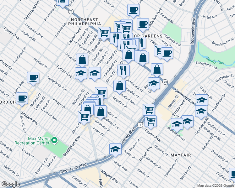 map of restaurants, bars, coffee shops, grocery stores, and more near 2107 Princeton Avenue in Philadelphia