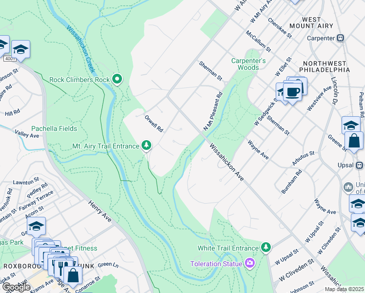 map of restaurants, bars, coffee shops, grocery stores, and more near 7150 North Mount Pleasant Place in Philadelphia
