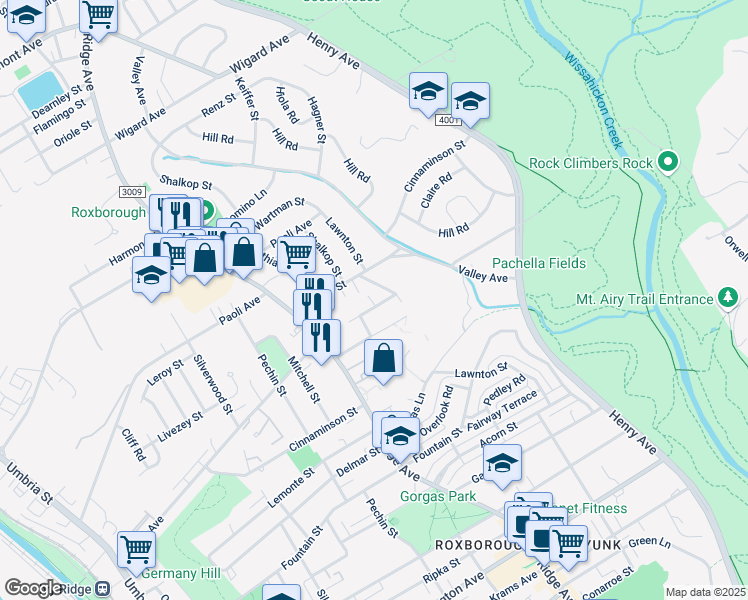 map of restaurants, bars, coffee shops, grocery stores, and more near 566 Parker Avenue in Philadelphia