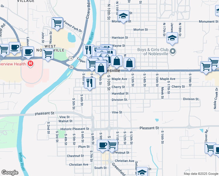 map of restaurants, bars, coffee shops, grocery stores, and more near 200 South 10th Street in Noblesville