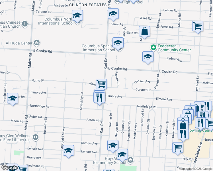 map of restaurants, bars, coffee shops, grocery stores, and more near 1440 Coronet Drive in Columbus
