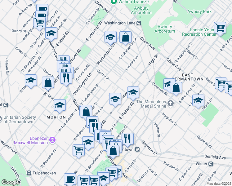 map of restaurants, bars, coffee shops, grocery stores, and more near 180 East Walnut Lane in Philadelphia