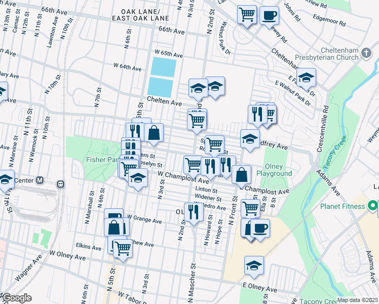 map of restaurants, bars, coffee shops, grocery stores, and more near 211 West Spencer Street in Philadelphia