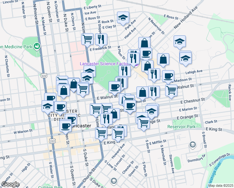 map of restaurants, bars, coffee shops, grocery stores, and more near 329 East Walnut Street in Lancaster