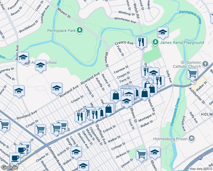 map of restaurants, bars, coffee shops, grocery stores, and more near 3404 Decatur Street in Philadelphia